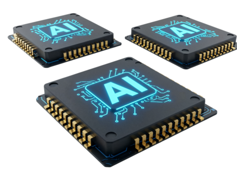 Three futuristic ai computer processors with glowing blue circuit board patterns and ai lettering isolated on transparent background