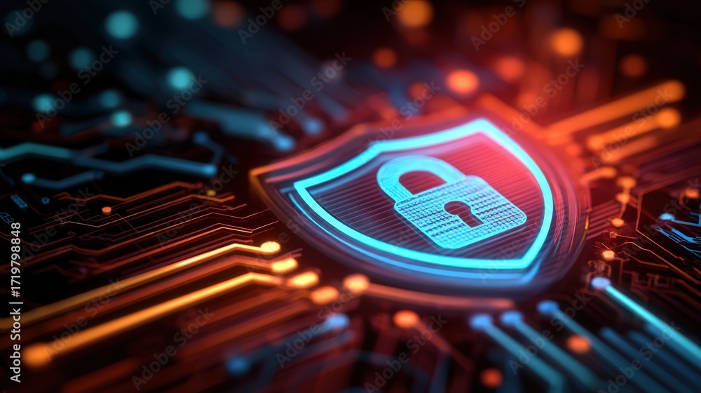 Poster bright cybersecurity shield on digital circuit board background with glowing lines and locks