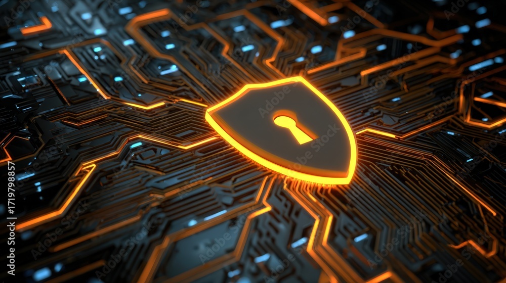 Poster digital security shield on circuit board background with glowing lines and intricate design in techn
