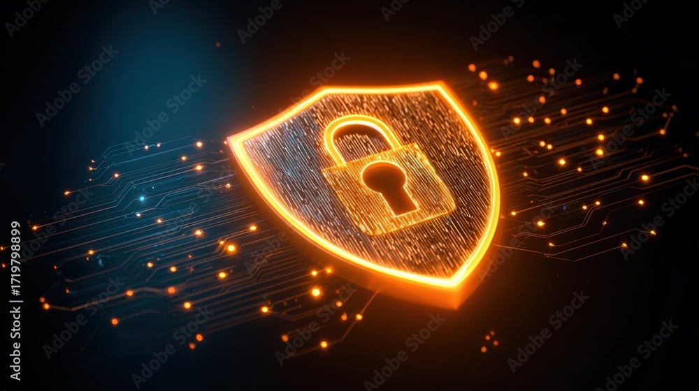 Poster digital security concept with shield and lock symbol on futuristic background, data protection and e
