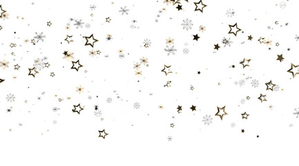 Sparkling gold stars and snowflakes falling on white. Perfect for holiday designs.