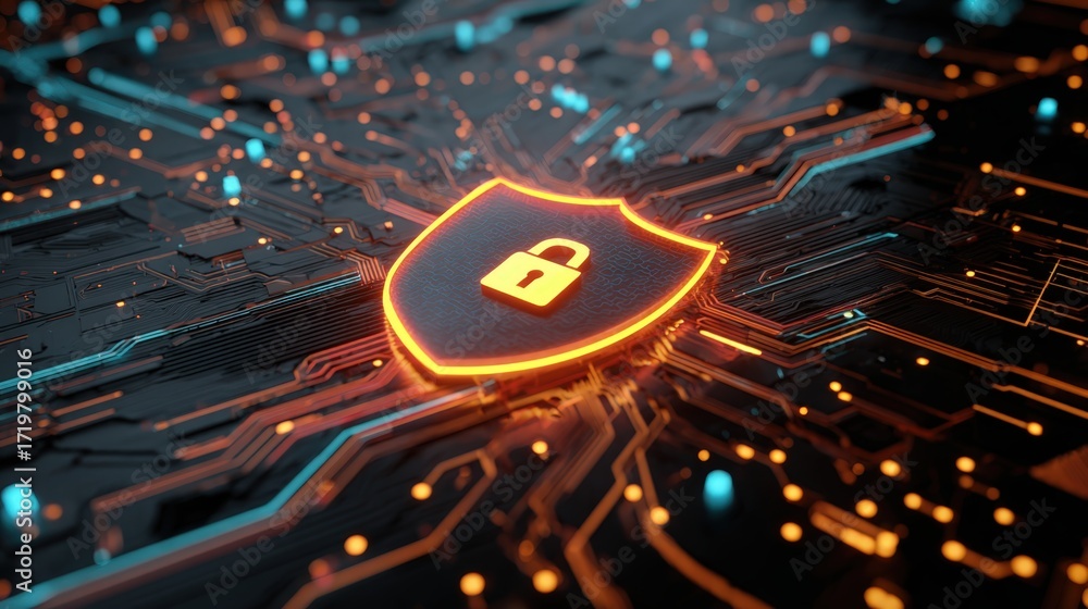 Poster digital security shield with padlock on abstract circuit board background in vibrant glowing colors