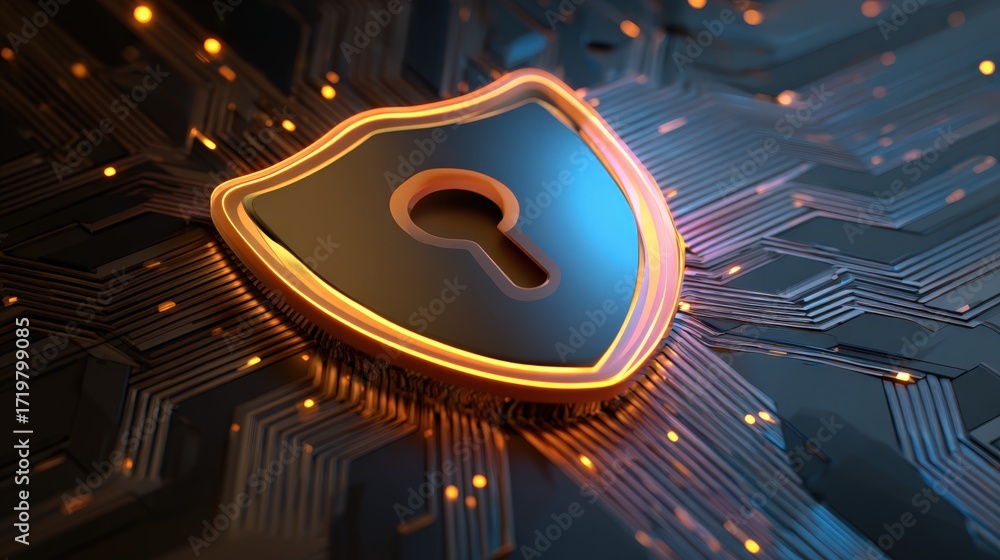 Poster digital shield icon on technological background with circuit pattern and glow effect for cybersecuri