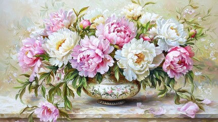 Colorful peonies in a decorative vase create a vibrant floral arrangement in a soft, dreamy setting