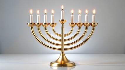 Fototapeta premium Photo of a golden menorah with nine lit candles stands on a white surface against a softly lit gray background, symbolizing hanukkah