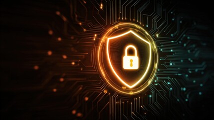 Digital Security Concept with Shield and Lock Icon on Dark Background Featuring Circuit Pattern and Glow Effects