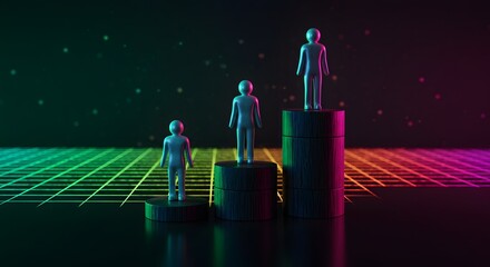 3D Abstract Figures on Pedestals Representing Success and Hierarchy in Neon Light