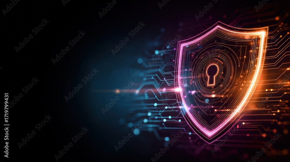 Poster secure digital shield concept with glowing circuit elements and keyhole on a dark background