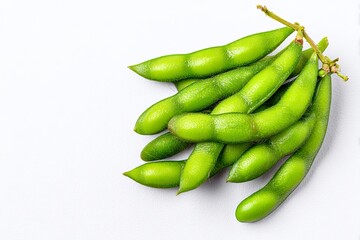 Fresh Green Edamame Soybeans in Pods on White Background
