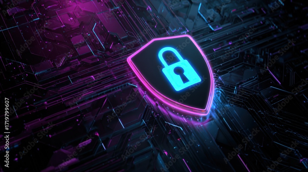 Poster vibrant digital background with shield icon representing secure online data protection and cybersecu