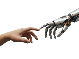 Human hand and robotic hand reaching out to touch fingers symbolizing connection and future technology isolated on transparent background