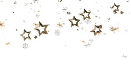 Sparkling gold stars and snowflakes falling on white. Perfect for holiday, celebration, winter themes.