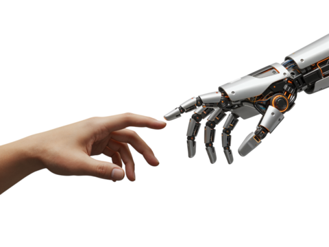 Human hand and robotic hand reaching out to touch fingers symbolizing connection and future technology isolated on transparent background