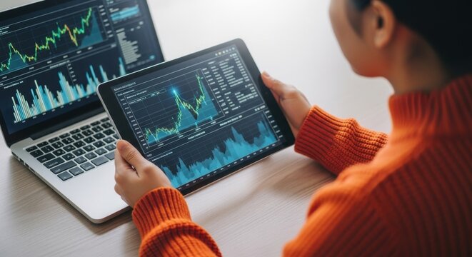 Woman analyzing stock market data using laptop and tablet for investments