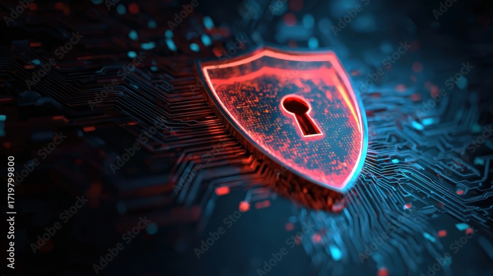 Poster digital background featuring shield icon representing cybersecurity and data protection concepts in 