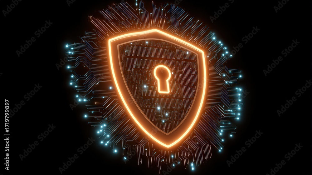Poster digital shield with keyhole and circuitry design highlighting security and protection in cyber envir