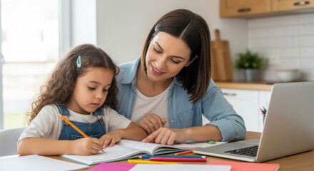 Young girl doing homework with her mother at home with laptop