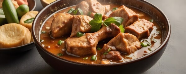 Steaming chicken curry in bowl on the right, with ample blank space on the left for copy, clear focus on the dish for photo use.