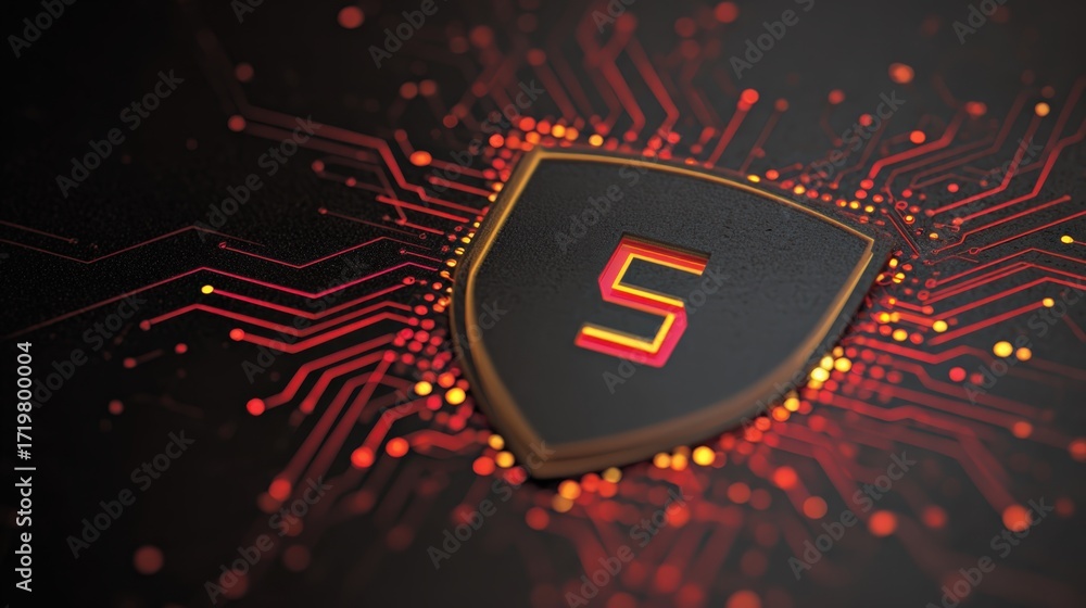 Poster futuristic shield design with circuit pattern and bold letter s on dark background for technology th