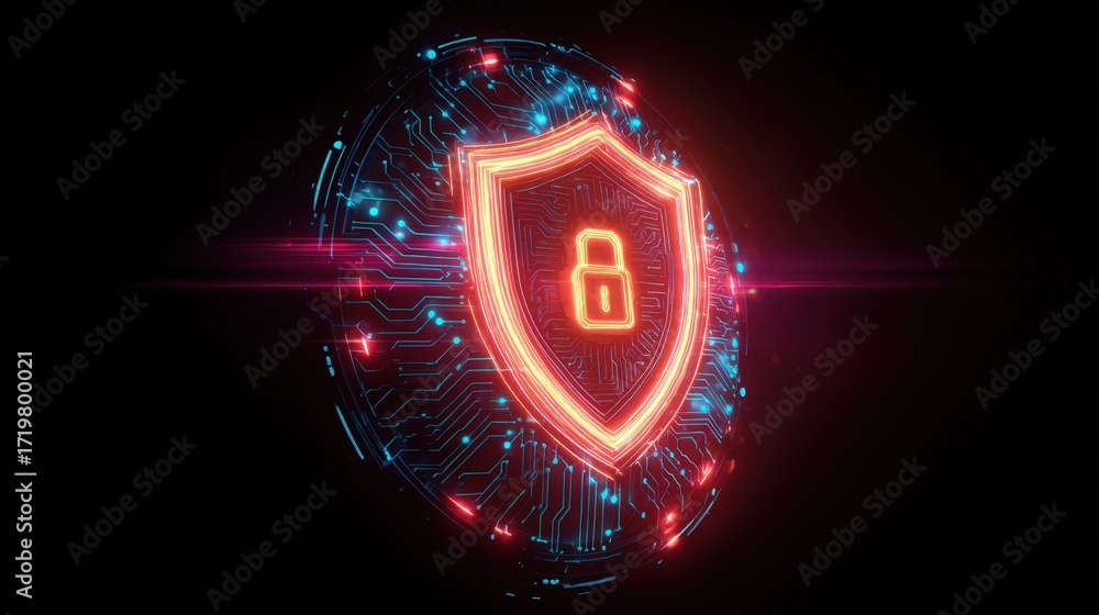 Poster futuristic digital shield icon with circuitry design on dark background for cybersecurity concepts