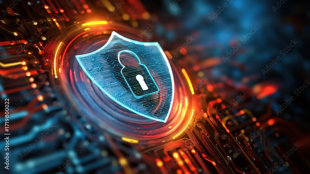 Poster digital security concept with shield and lock symbol over abstract data background for cyber protect