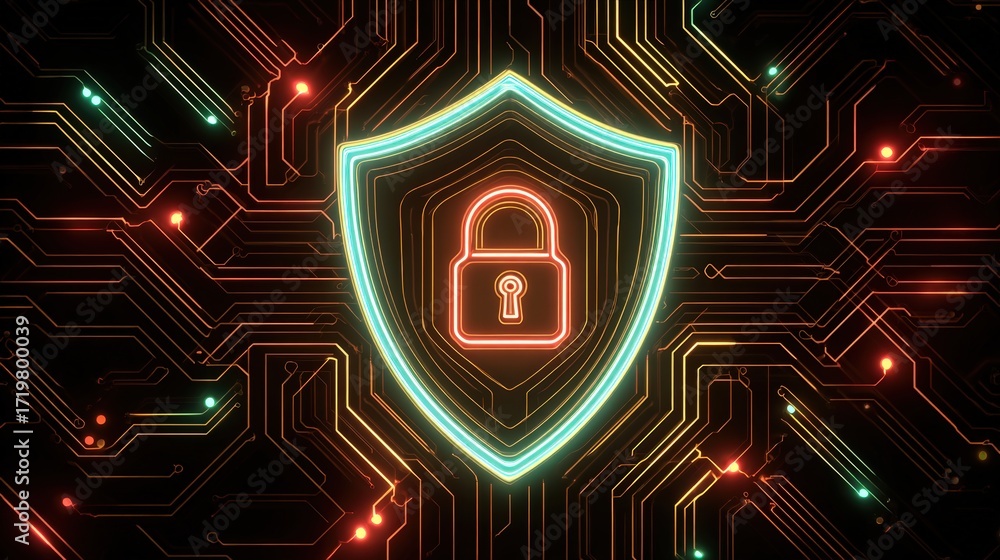 Poster neon shield with lock symbol on circuit board background illustrating cybersecurity concept