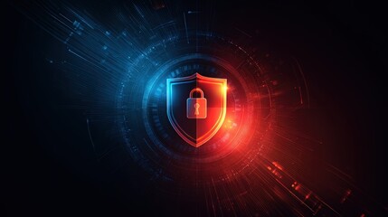 Abstract Digital Shield with Lock Symbol on Dark Futuristic Background for Security and Protection Themes
