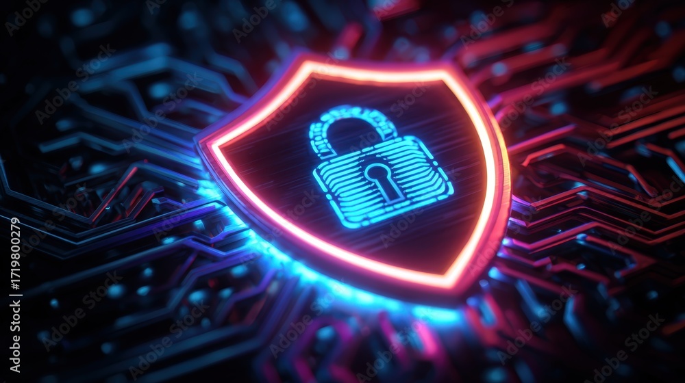 Poster futuristic digital shield with padlock on glowing circuit background for cybersecurity and protectio