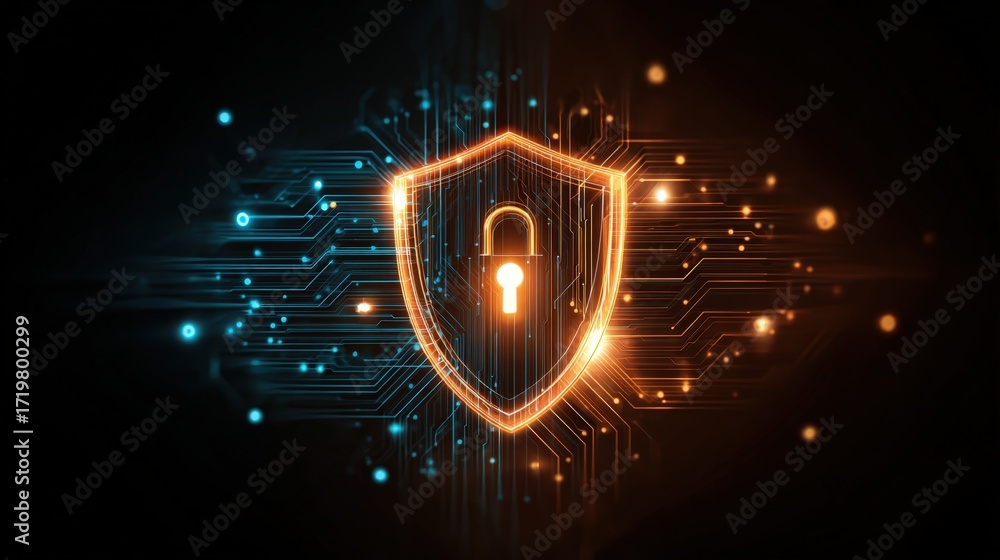 Poster digital security shield with lock symbol over futuristic background of circuitry and lights