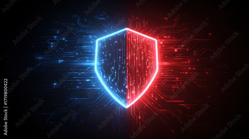 Fototapete digital shield with circuit patterns in blue and red colors on black background for cybersecurity co