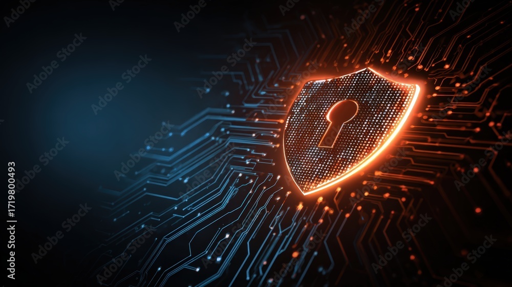 Fototapete digital security shield in cyber background with keyhole design and bright circuit elements