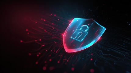 Futuristic digital shield icon with lock symbol and glowing circuit background in vibrant neon colors