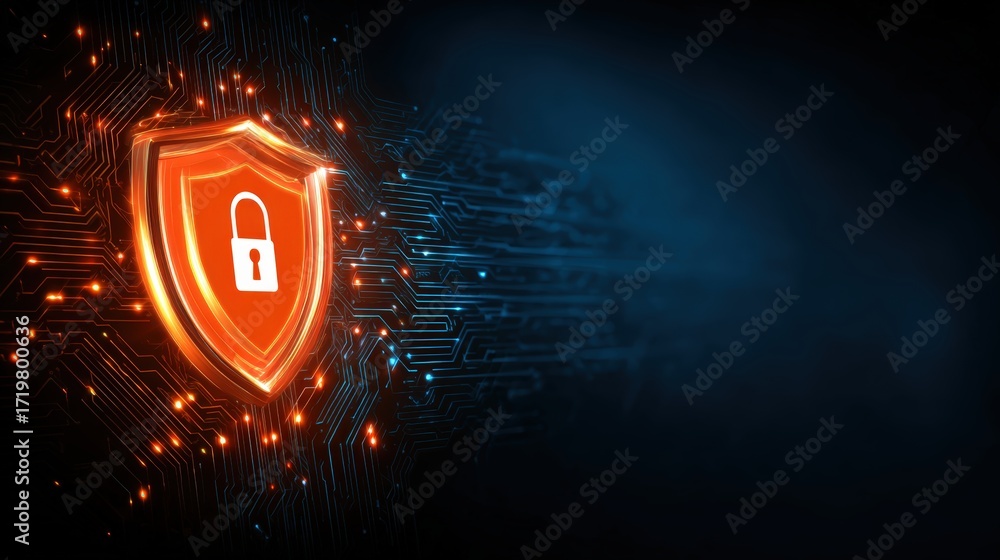 Poster digital security shield with lock overlay on futuristic background of blue and orange circuit lines