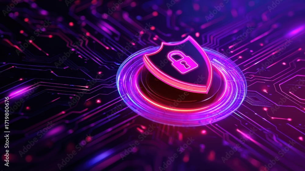 Poster digital background with shield icon representing cybersecurity and data protection in vibrant colors
