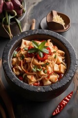 Fresh green papaya salad with chili and mint in stone mortar, subject on the left, ample copy space on the right, vibrant and inviting, photo style.