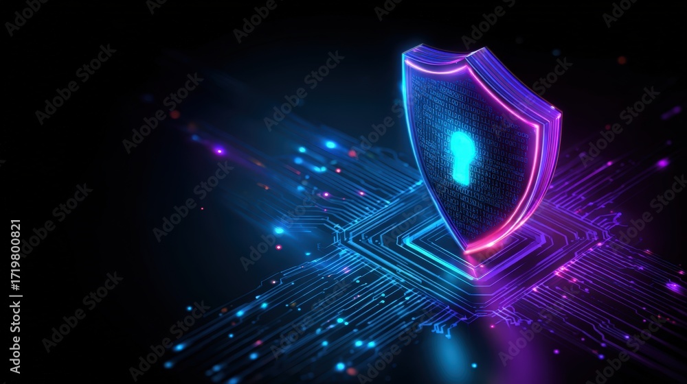 Poster futuristic digital shield with keyhole symbolizing cybersecurity protection in colorful background
