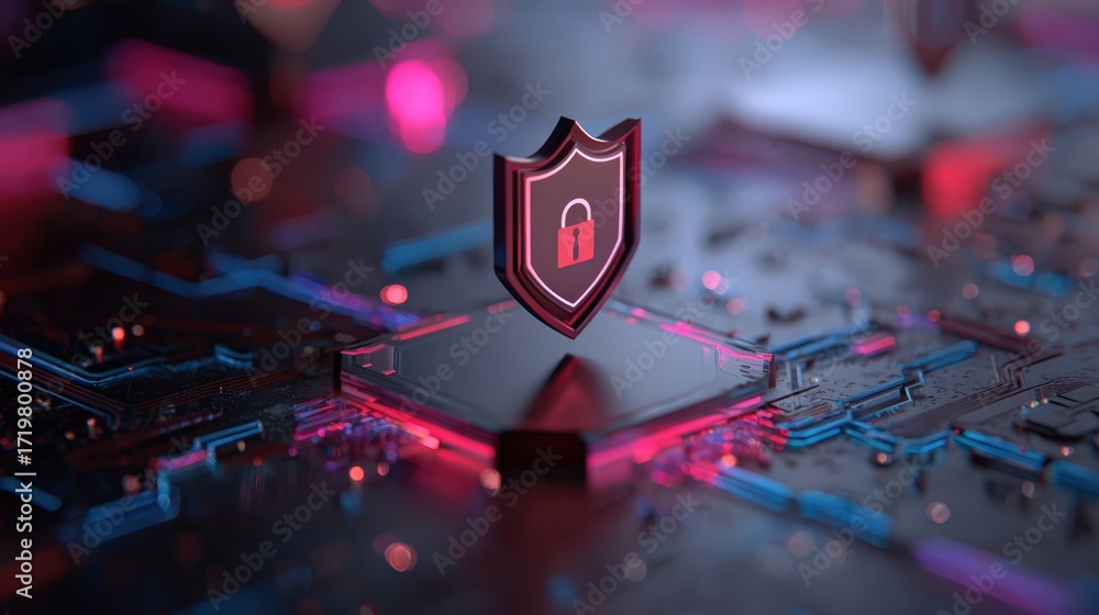 Poster abstract digital security concept with glowing shield icon on circuit board background for technolog