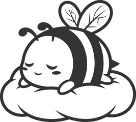 Cute cartoon bee sleeping on a cloud. Vector silhouette logo illustration