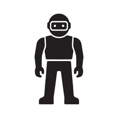 Black silhouette of humanoid robot with a visor and blocky limbs silhouette