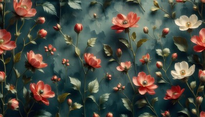 Seamless ditsy floral pattern in autumn colors with all over flower print, subject positioned on the left, ample copy space on the right, clear positioning for photo.