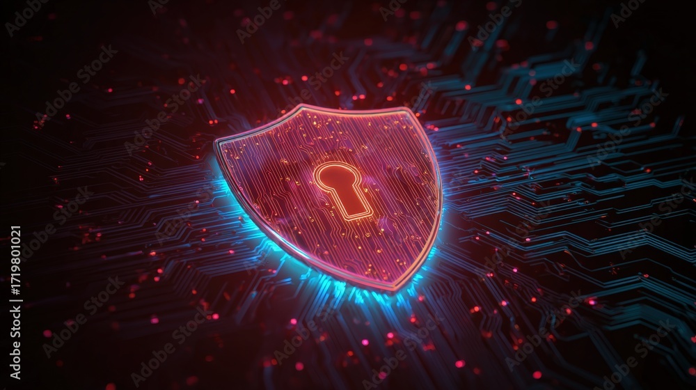 Poster digital shield icon with circuit background for cybersecurity, data protection, and technology theme