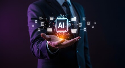 AI Technology and Data Management Concept - Businessman Holding Digital Network
