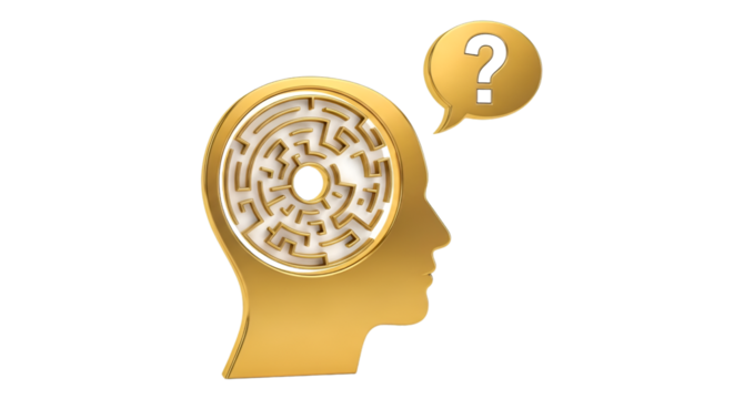 Golden Head Silhouette with Maze and Question Mark