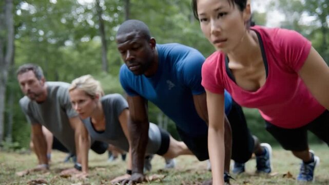 Pushing Limits: A diverse group of dedicated individuals pushing their physical limits by doing push-ups, showcasing their commitment to fitness and wellness.