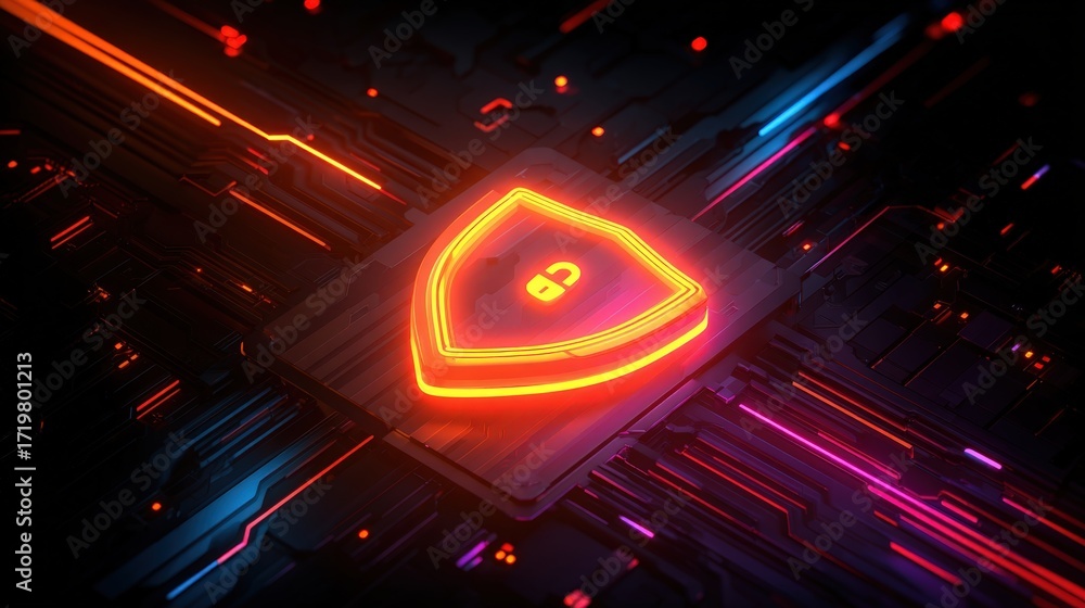 Poster vibrant neon background with futuristic shield symbol for technology and security concepts