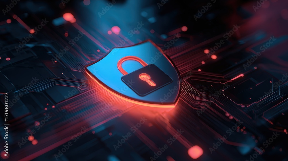 Fototapete digital shield icon with lock on circuit board background in blue and red glow in a futuristic setti