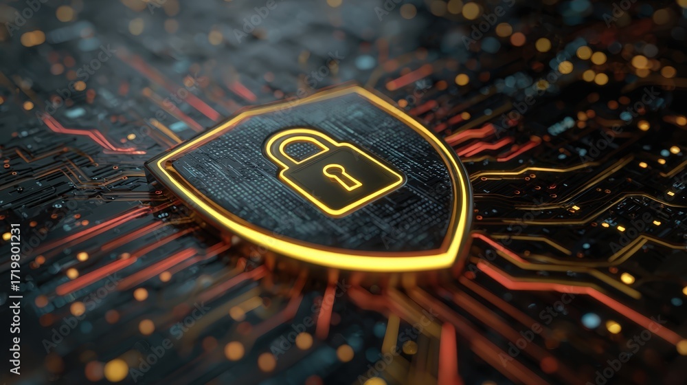 Poster cybersecurity shield concept with lock icon against dark technology background and circuit patterns