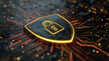 Cybersecurity Shield Concept with Lock Icon Against Dark Technology Background and Circuit Patterns