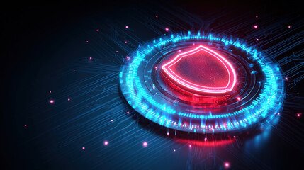 Futuristic Shield Graphic with Neon Lights and Digital Background Ideal for Cybersecurity Designs