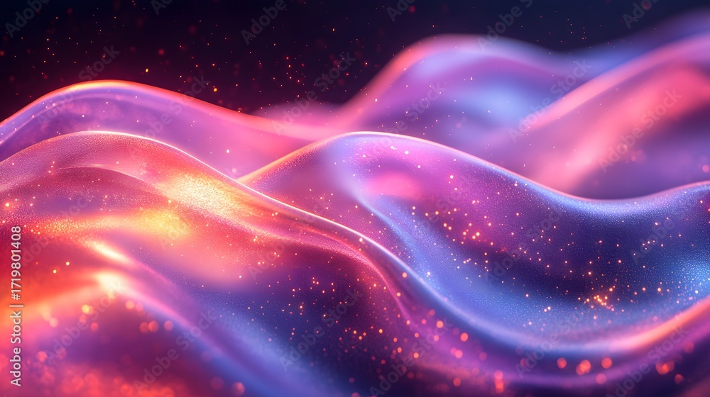 Poster translucent waves cascade across a gradient of warm reds and oranges transitioning to cool purples a